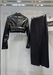 Teonclothingshop Bold Style: Stand Collar Leather Jacket and High Waist Skirt Set