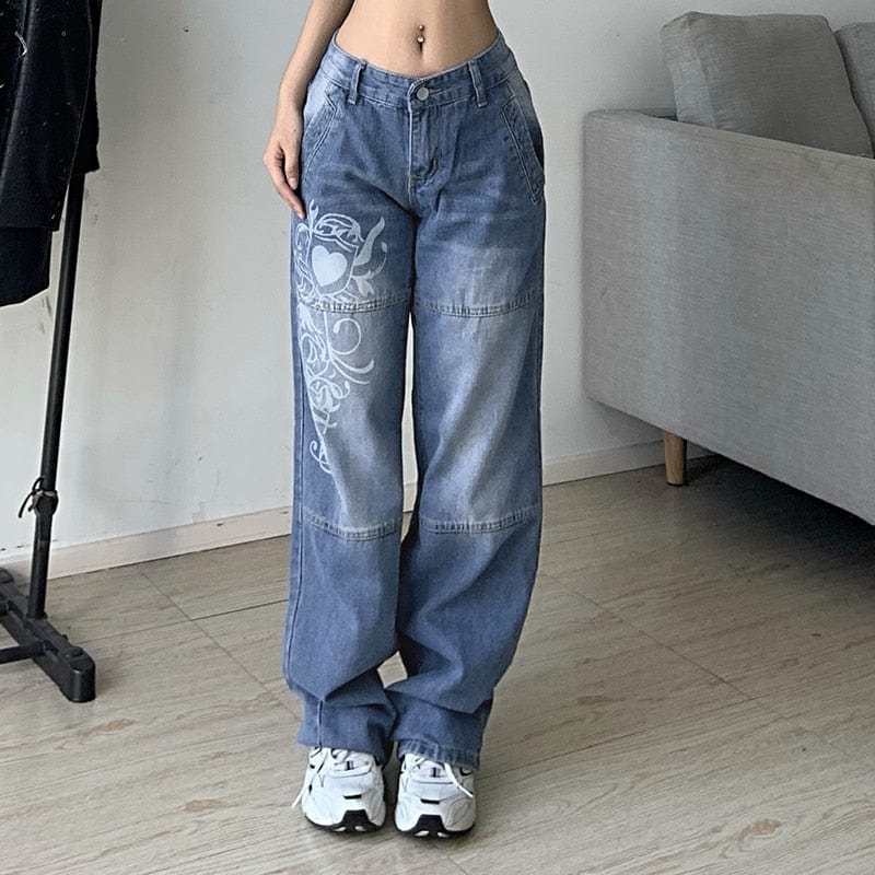 Teonclothingshop Cargo Jeans With Print, Navy Blue Wide Leg High Waist 90s Baggy Jeans