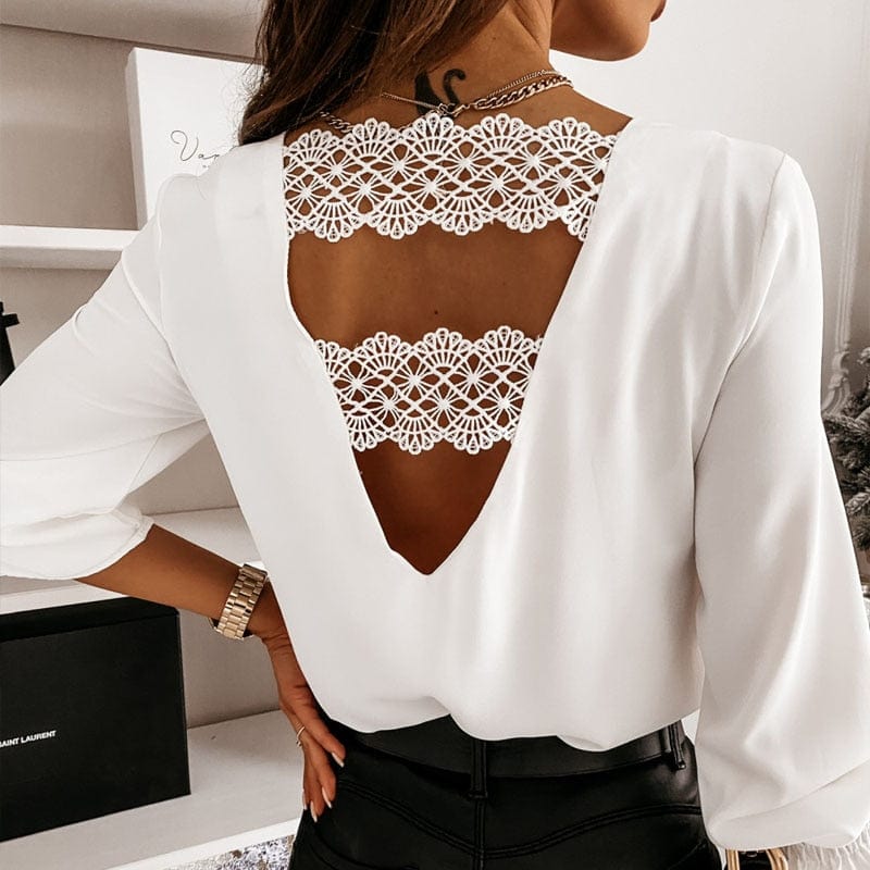 Teonclothingshop Chic back V-shaped hollow lace stitching pullover, white blouse