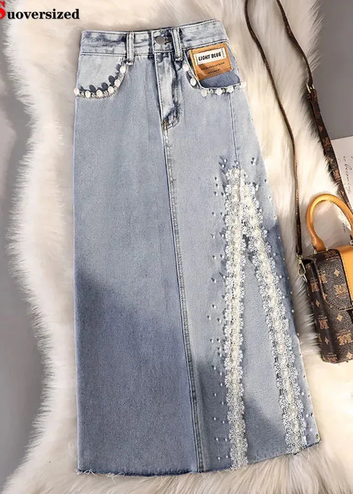 Chic Beaded Skinny Denim Skirt