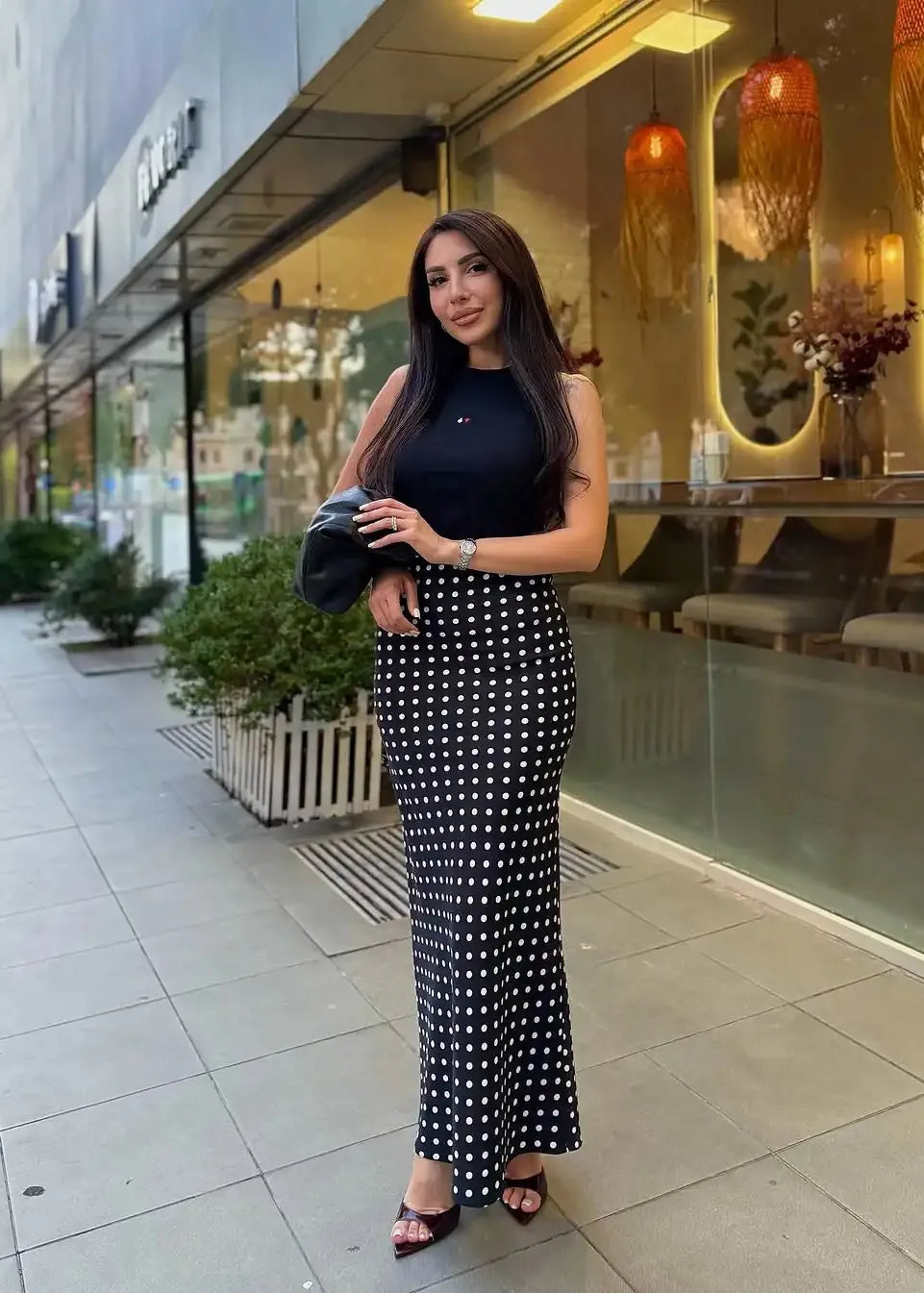 Chic Black Women Polka Dot Slim Long Skirt