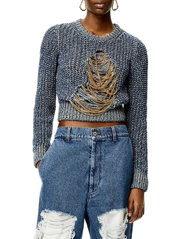 Teonclothingshop Chic chain-embellished sweaters for ladies