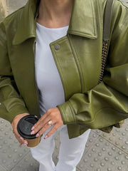 Teonclothingshop Chic Green Leather Jacket: High Street Style