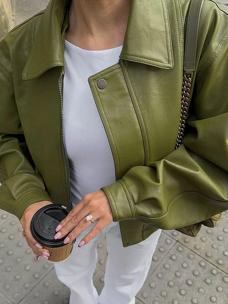 Teonclothingshop Chic Green Leather Jacket: High Street Style