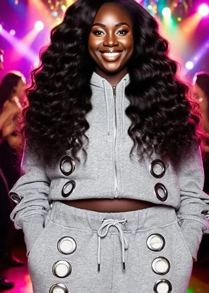 Person wearing a gray outfit with circular designs in a colorful, possibly concert-like setting