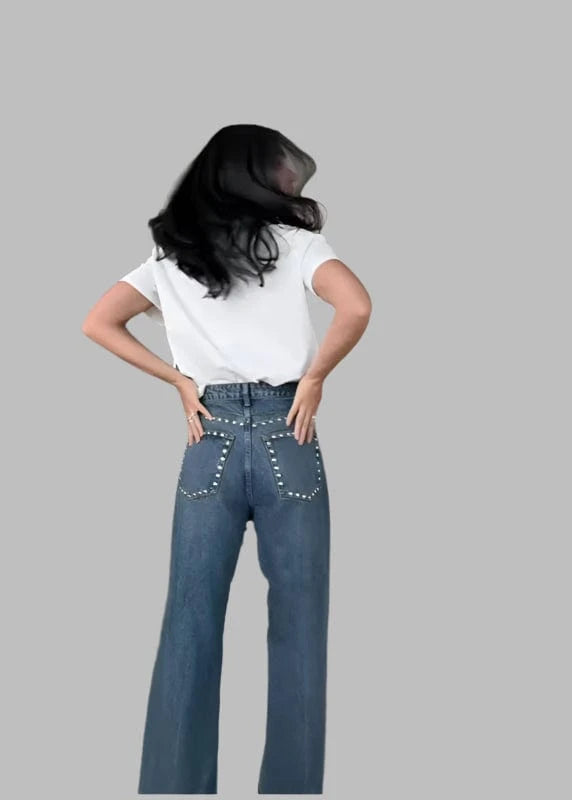 Chic Women's Sides Studs Decorate Denim Jeans Pant