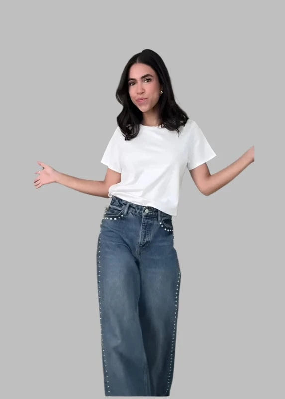 Chic Women's Sides Studs Decorate Denim Jeans Pant