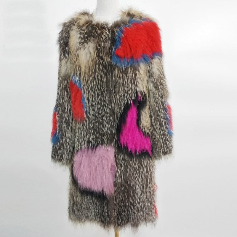 Teonclothingshop Classic style woven raccoon fur jacket with real fur color stitching