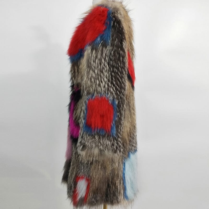 Teonclothingshop Classic style woven raccoon fur jacket with real fur color stitching