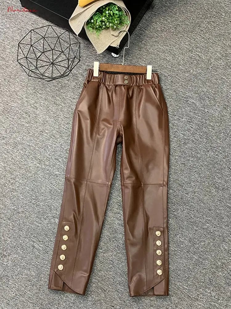 Teonclothingshop Coffee-colored genuine leather pants with an elastic waist