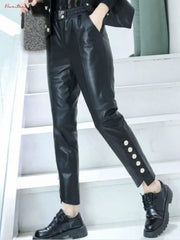 Teonclothingshop Coffee-colored genuine leather pants with an elastic waist