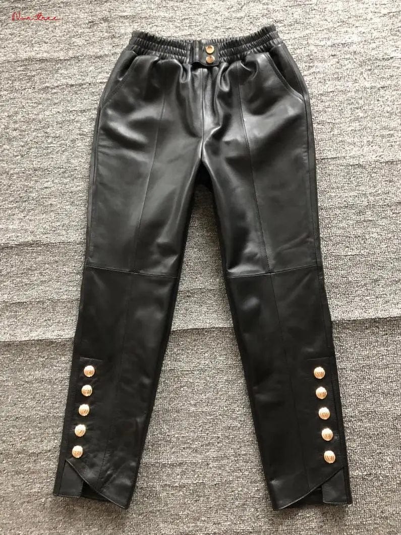 Teonclothingshop Coffee-colored genuine leather pants with an elastic waist