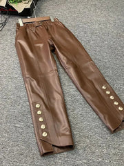 Teonclothingshop Coffee-colored genuine leather pants with an elastic waist