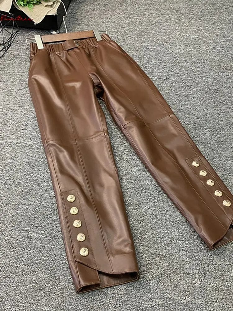 Teonclothingshop Coffee-colored genuine leather pants with an elastic waist