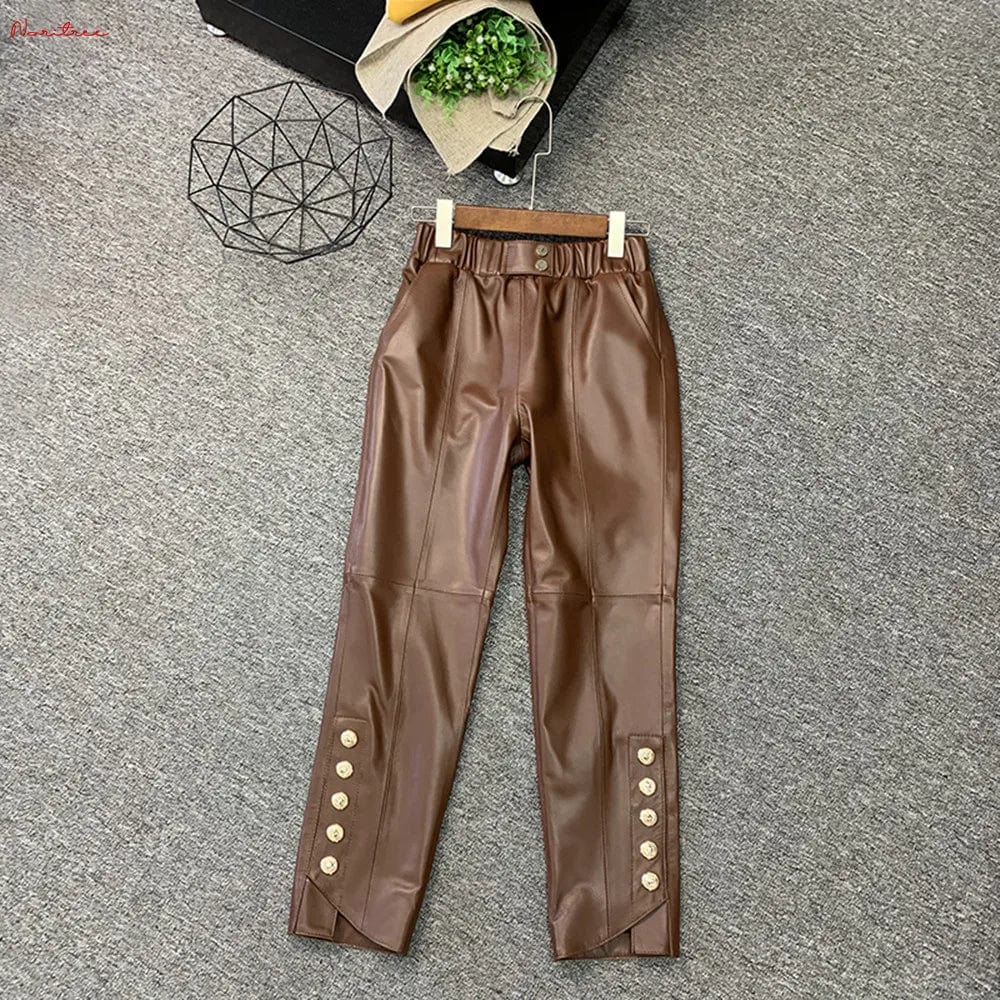 Teonclothingshop Coffee-colored genuine leather pants with an elastic waist