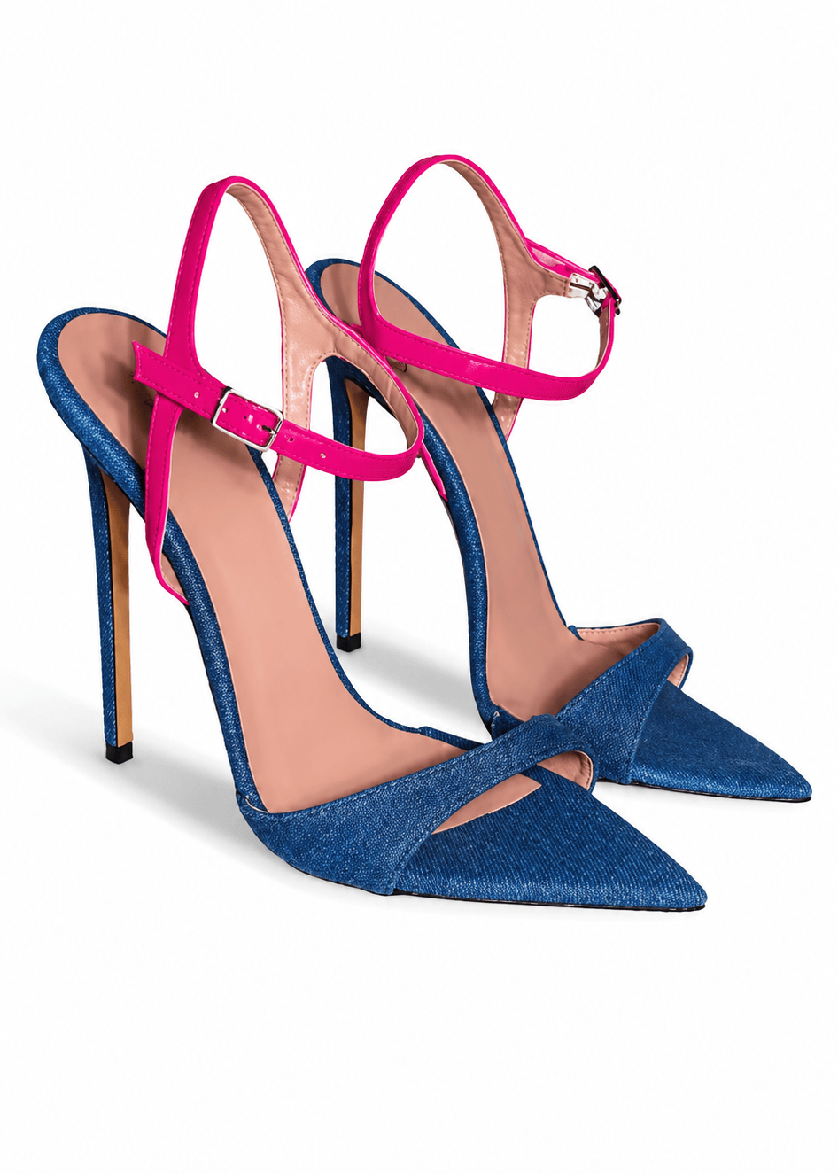 Blue high-heeled shoes with pink straps on a white background