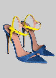 Blue high-heeled shoes with yellow straps on a white background