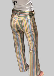 Multicolored striped pants worn by a person in a neutral setting