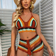 Teonclothingshop Crochet Bikini Sets Multicolor Knitted Rainbow Stripe Off Shoulder Top + Swimsuit Bottom