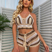 Teonclothingshop Crochet Bikini Sets Multicolor Knitted Rainbow Stripe Off Shoulder Top + Swimsuit Bottom