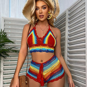 Teonclothingshop Crochet Bikini Sets Multicolor Knitted Rainbow Stripe Off Shoulder Top + Swimsuit Bottom