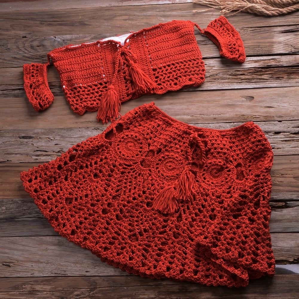 Teonclothingshop Crochet Two Piece Set | Summer Beach Dress with Hand Knitted Crop Top and Mini Skirt