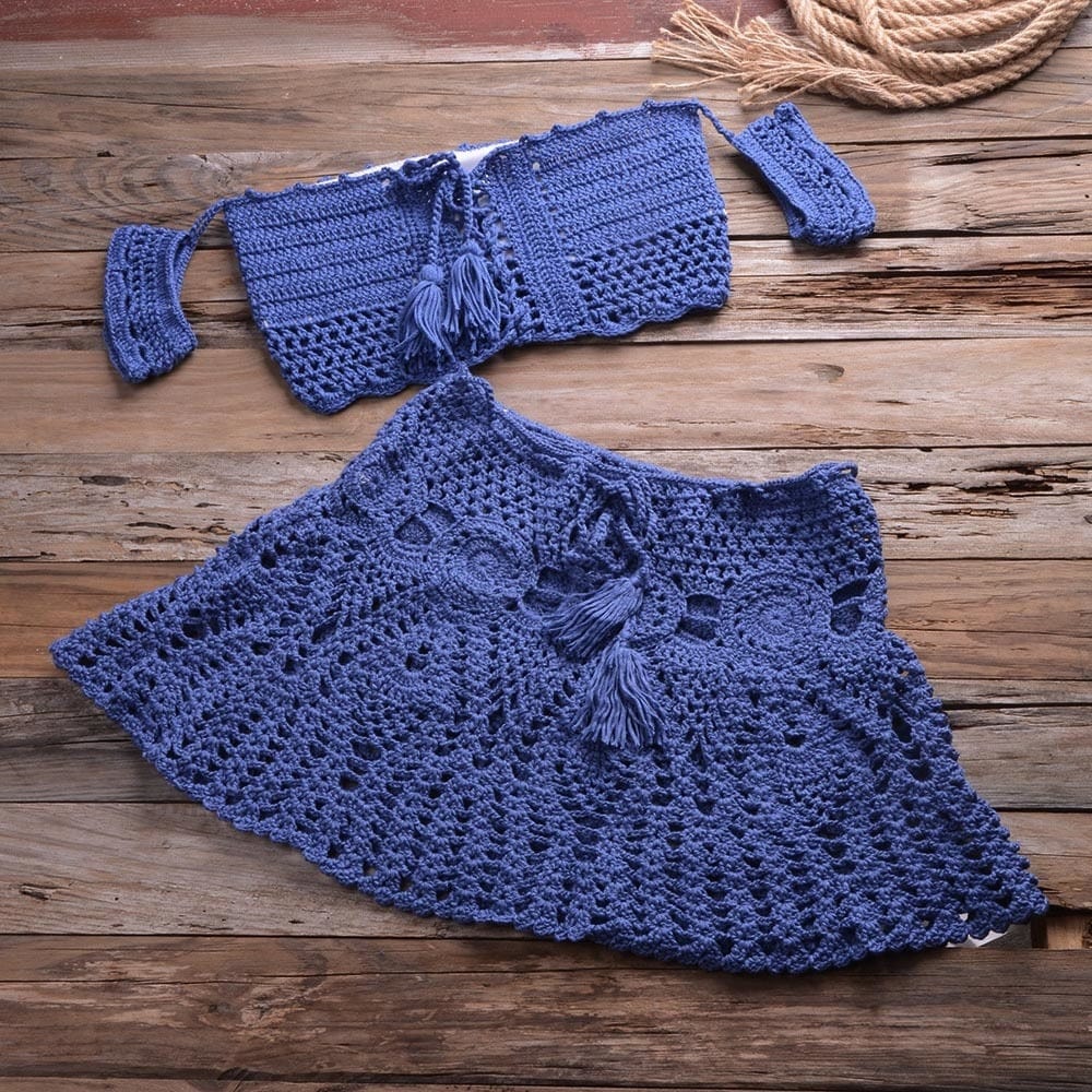 Teonclothingshop Crochet Two Piece Set | Summer Beach Dress with Hand Knitted Crop Top and Mini Skirt