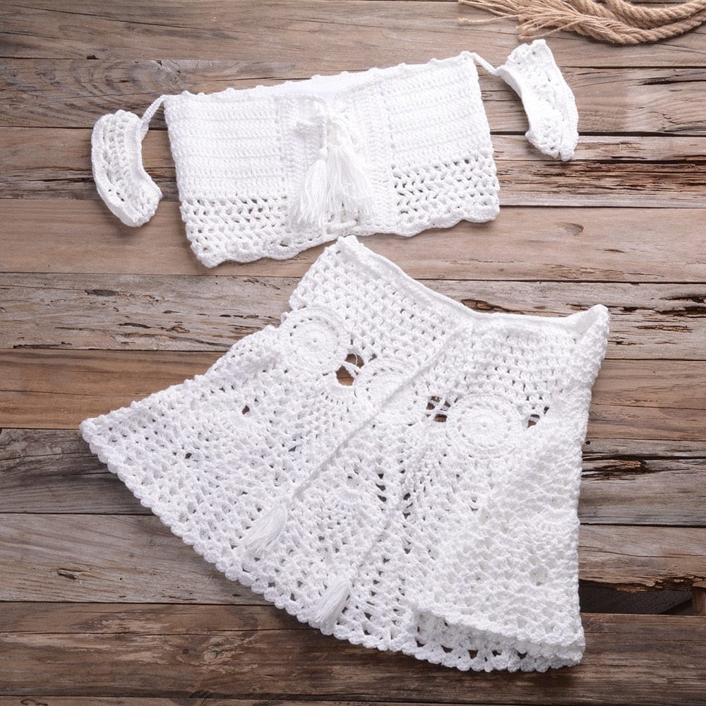 Teonclothingshop Crochet Two Piece Set | Summer Beach Dress with Hand Knitted Crop Top and Mini Skirt