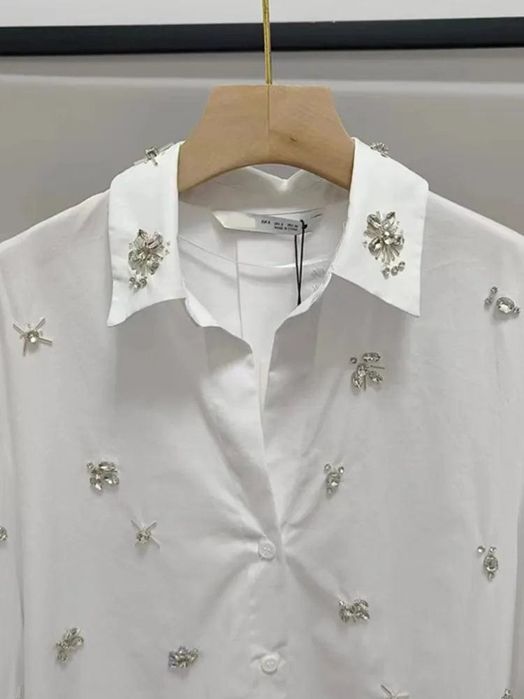 Teonclothingshop Crystal bead embellishments White women's shirt