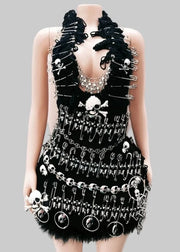 Black dress with skull and chain details on a mannequin, branded 'Amy & Benton'.