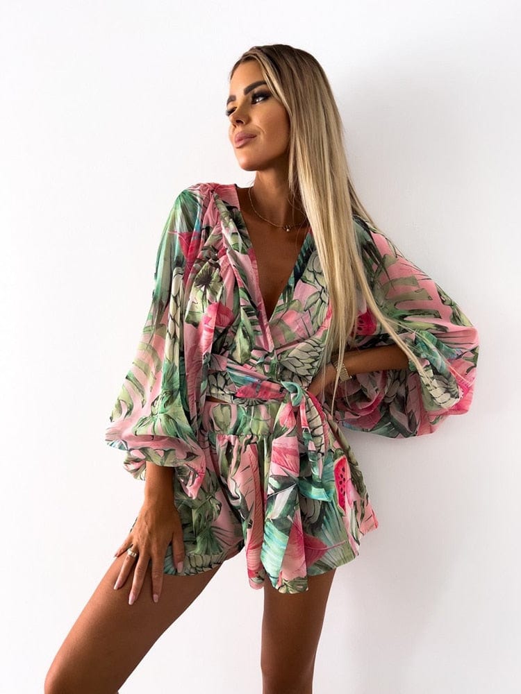 Teonclothingshop Deep V Neck Set For Women Summer Casual Boho Beach Vacation Wear