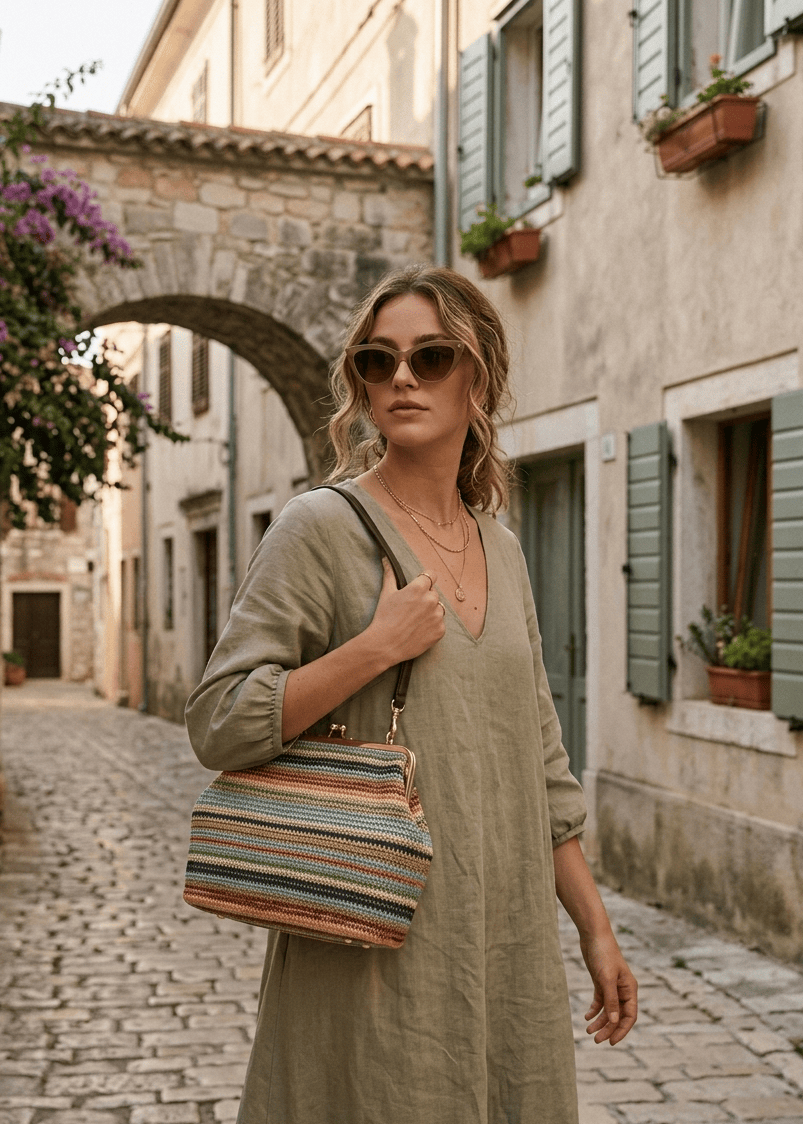 Woman in a long green dress holding a colorful striped bag on a cobblestone street.