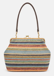 Multicolored striped handbag with a brown handle on a light gray background