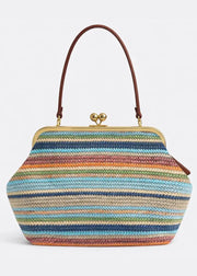 Multicolored striped handbag with a gold clasp on a white background
