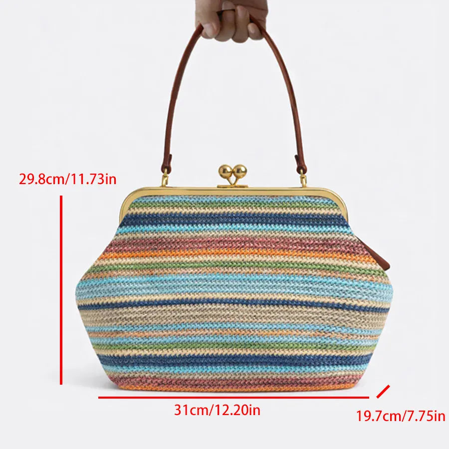 Multicolored striped handbag with measurements on a white background