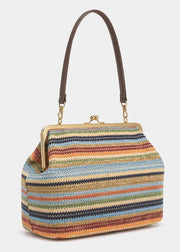 Multicolored striped handbag with a gold clasp on a white background