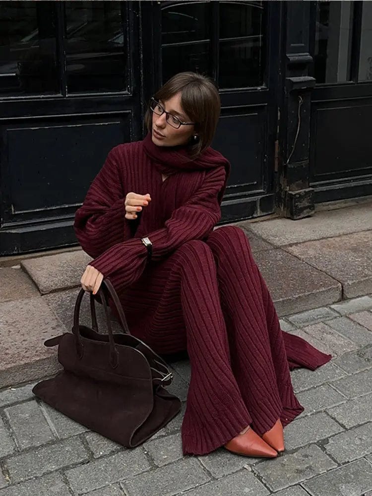 Teonclothingshop "Effortless Elegance: Burgundy Wide Leg Pants & Sweater Set"