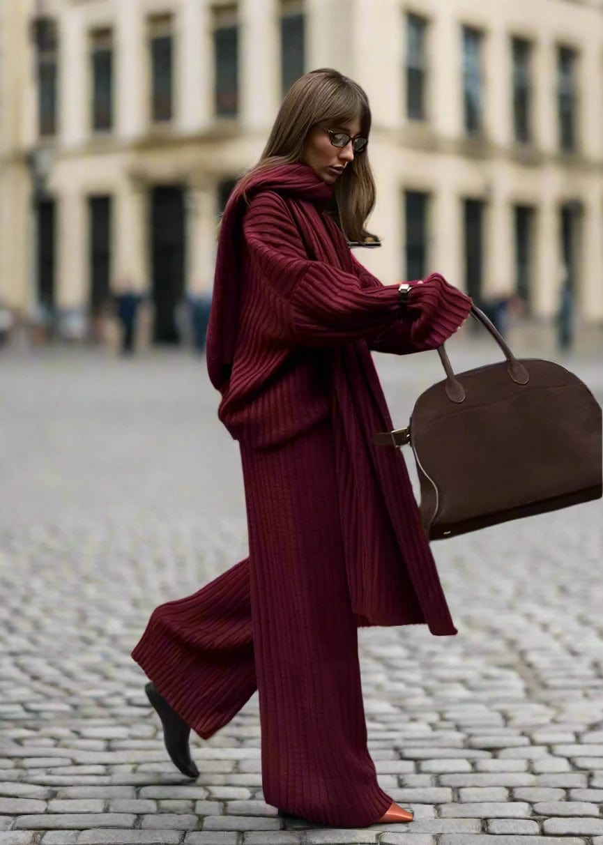 Teonclothingshop "Effortless Elegance: Burgundy Wide Leg Pants & Sweater Set"