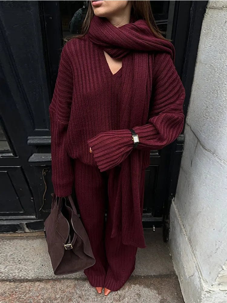 Teonclothingshop "Effortless Elegance: Burgundy Wide Leg Pants & Sweater Set"