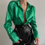 Teonclothingshop Elegant Button Up Long Sleeve Satin Blouses 2023