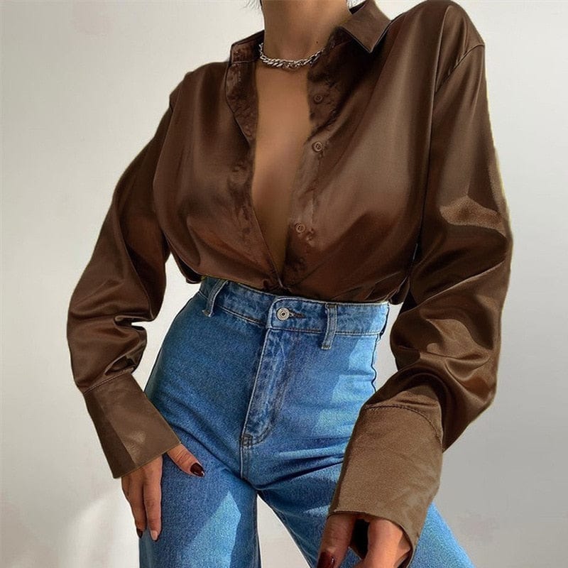 Teonclothingshop Elegant Button Up Long Sleeve Satin Blouses 2023