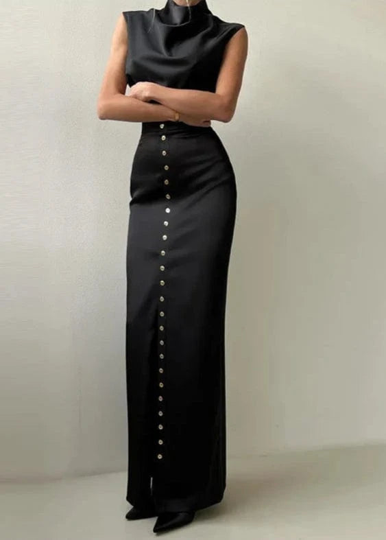 Teonclothingshop Elegant Turtleneck Crop Top & Button Skirt Set