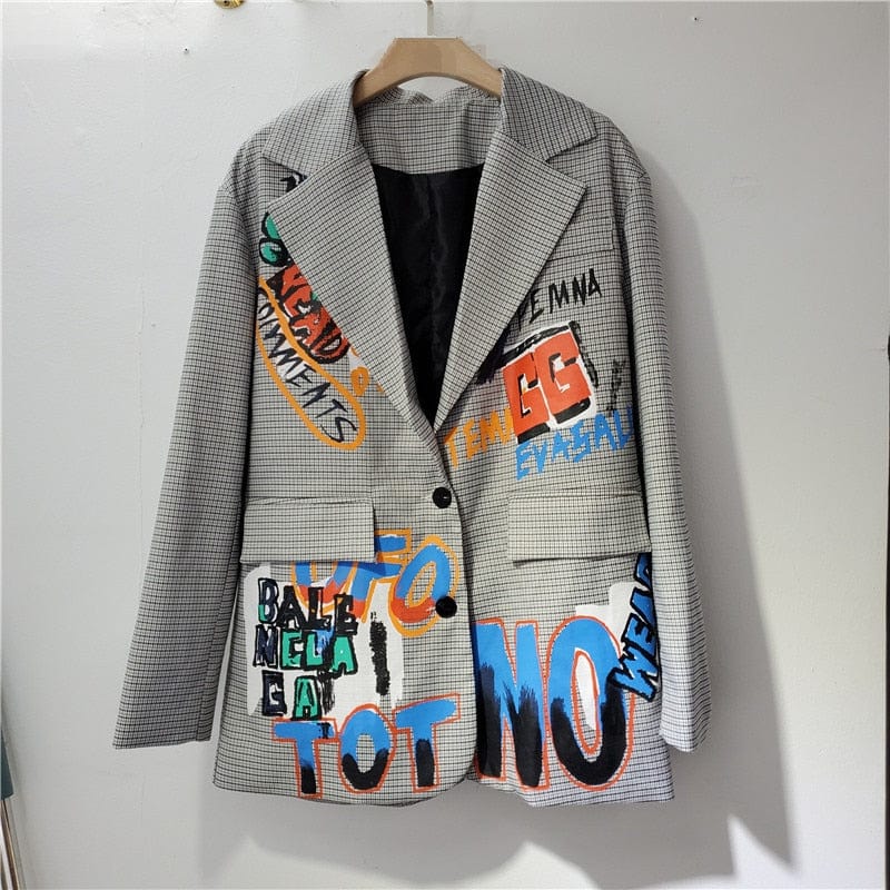 Teonclothingshop Fall 2023 Women's checkered jacket with graffiti print and wide notched collar