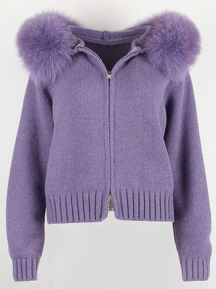 Teonclothingshop Fashion autumn winter casual fashion short knitted jacket with fur hood