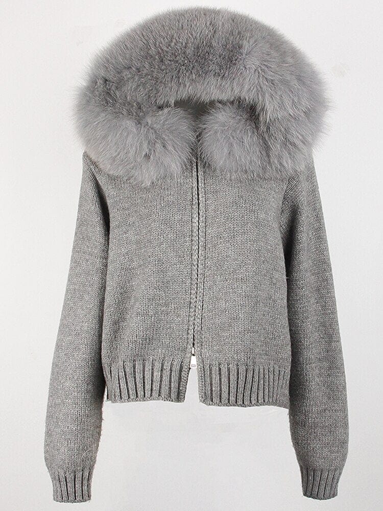 Teonclothingshop Fashion autumn winter casual fashion short knitted jacket with fur hood