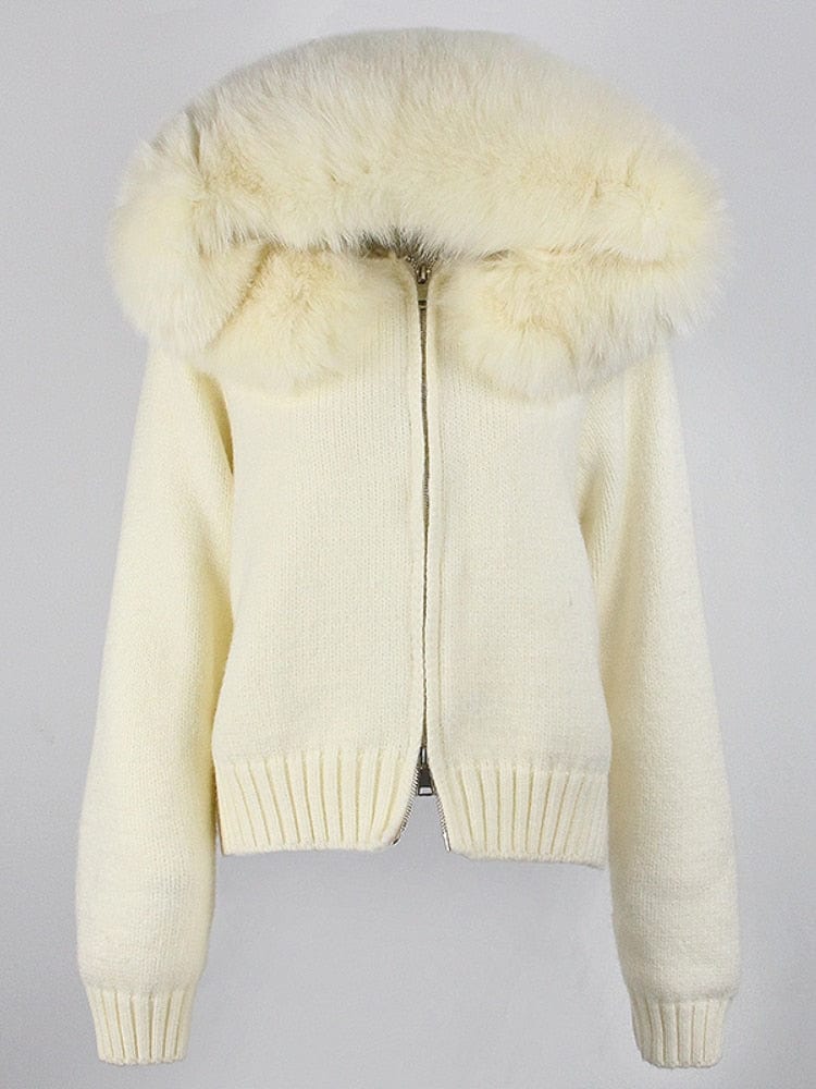 Teonclothingshop Fashion autumn winter casual fashion short knitted jacket with fur hood