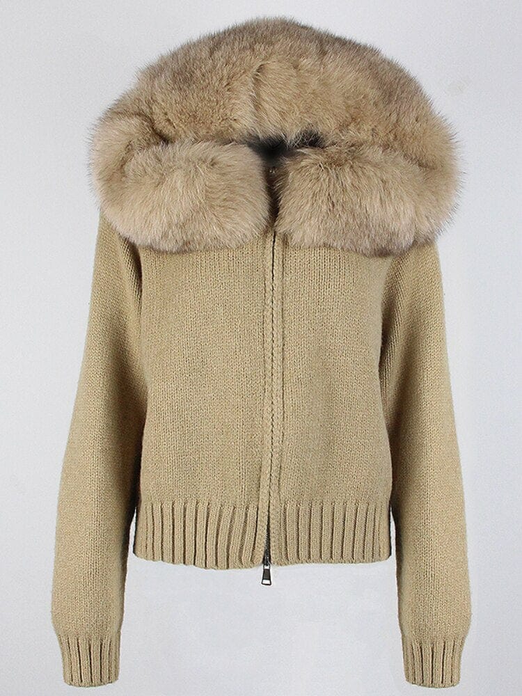 Teonclothingshop Fashion autumn winter casual fashion short knitted jacket with fur hood