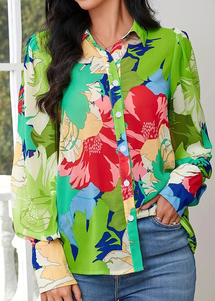 Woman wearing a colorful floral shirt with a blurred background
