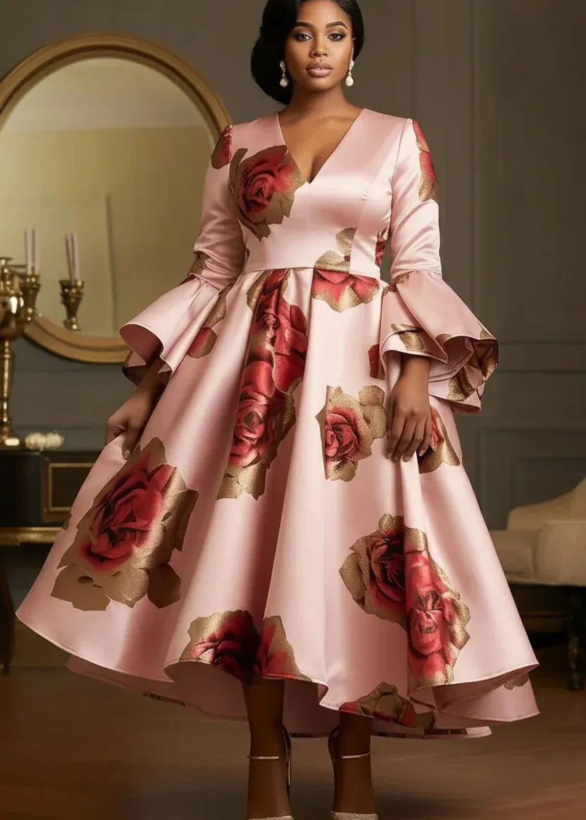 Woman wearing a pink floral dress in an elegant room setting.