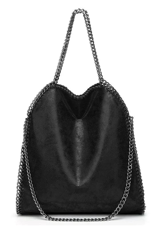 Black handbag with chain details on a white background
